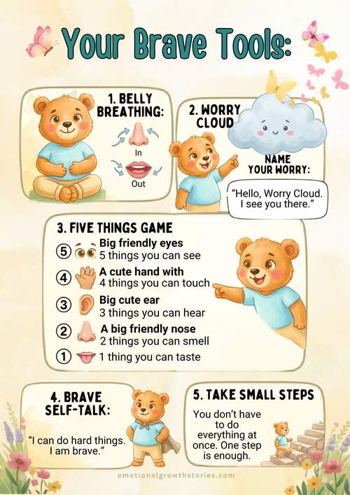 Your Brave Tools printable poster with Brave Bear, featuring five calming techniques: belly breathing, naming your worry, the five things game, brave self-talk, and taking small steps