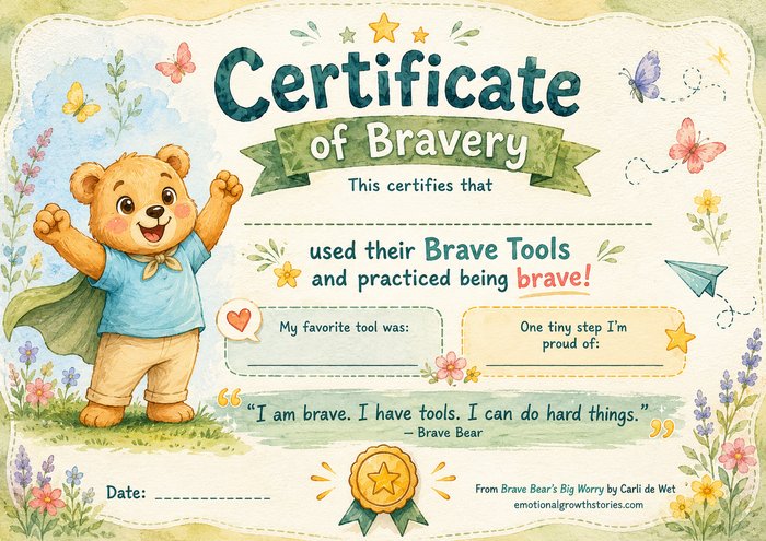 Certificate of Bravery featuring Brave Bear, with spaces for a child's favorite tool and a tiny step they're proud of