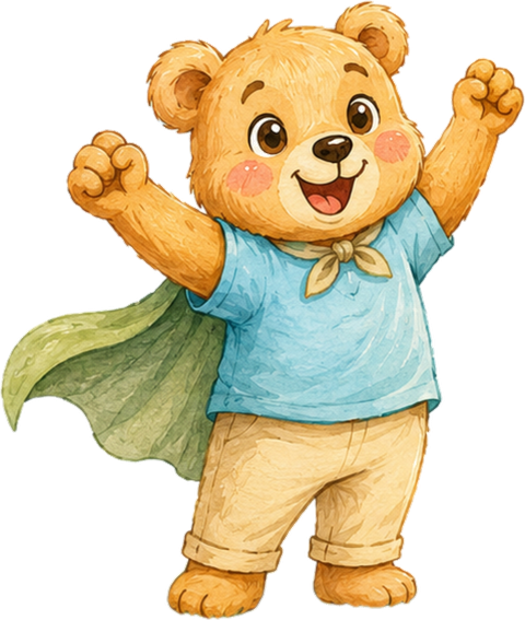 Brave Bear cheering with arms raised, wearing a hero cape