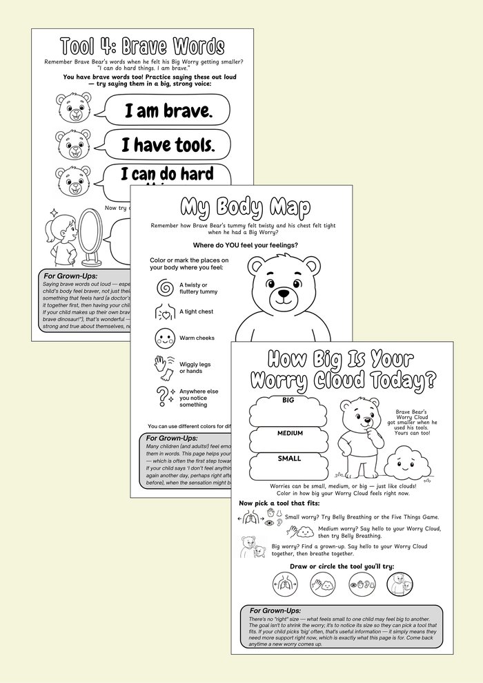 Three Brave Bear Worksheets: Tool 4 Brave Words, My Body Map, and How Big Is Your Worry Cloud Today, each with a For Grown-Ups tip box